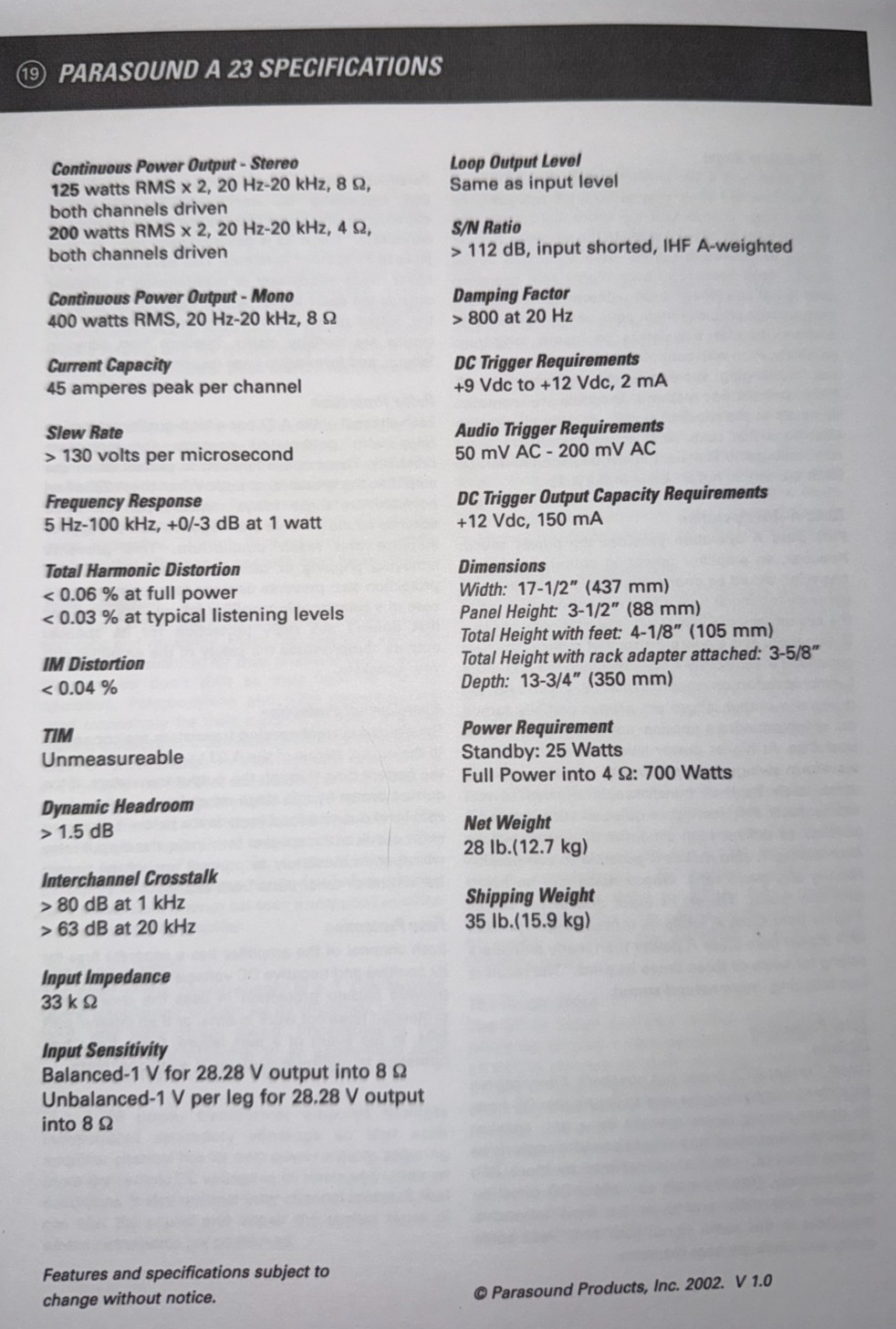 Parasound Halo A23 THX Certified Stereo Power Amplifier