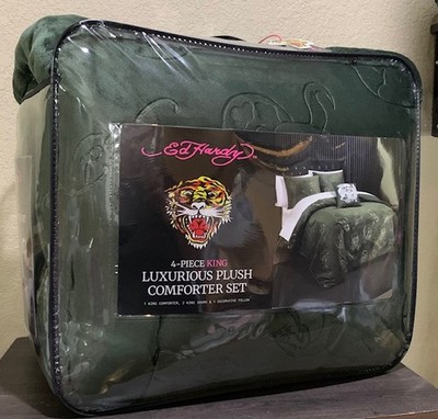 Ed Hardy Green Glory Skulls&Logos Embossed Plush KING Comforter,Shams&Pillow Set