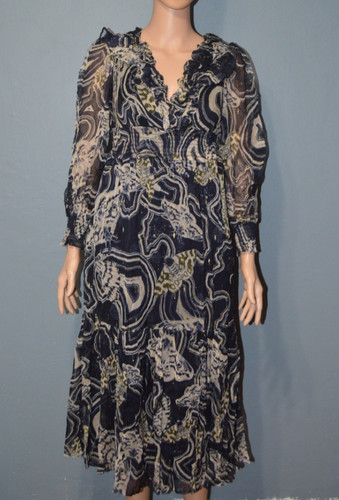 Anthropologie x Printer Johnson Sz XS Petite Navy Print Long Sleeve Maxi Dress