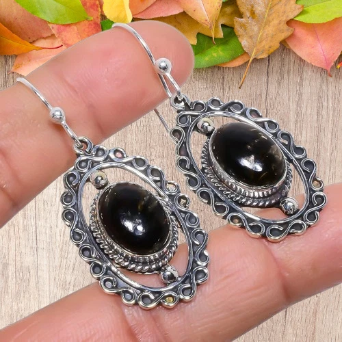 Pendiente de plata de ley 925 con piedras preciosas turquesa negro cobre 2,0" k100 Foto 2 de 4