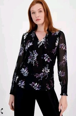 Anne Klein Women's Floral-Print Tie-Neck Blouse Black Size S