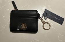 Tommy Hilfiger Black Zip COIN PURSE ID Wallet & Key Ring on Gold Chain Authentic