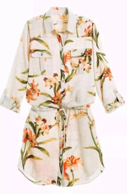 Chico's Spring Lily Utility Shirt Drawstring Waist Pockets Size 0/SM