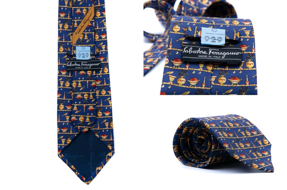 Corbata para hombre SALVATORE FERRAGAMO hecha a mano azul seda ITALIA  Foto 2 de 4