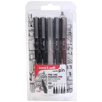 UNI-BALL Uni Pin Fineliner Drawing Pen - Set of 5 - 0.05mm & Brush Nibs - 4 Colours