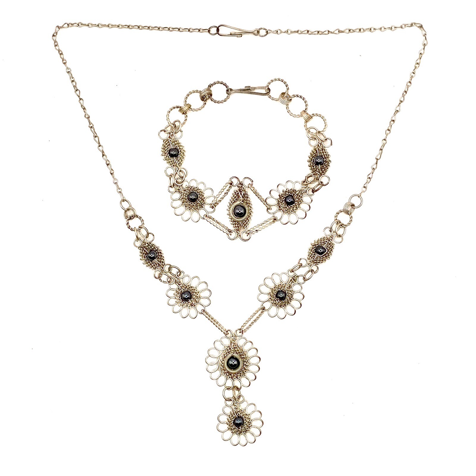 Vtg Antique Estate SilverTone Necklace Bracelet Set Hematite Filigree Unique S