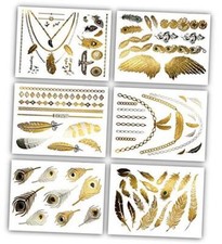 Gold Black Metallic Henna Temporary Tattoo Flash Sheets Elephants, Wild Child
