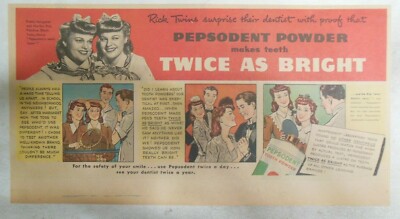 Pepsodent Toothpaste Ad: Twice As Bright 1940's Size 7.5 x 15 inch Real Twins !