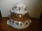 VINTAGE PYREX AMERICANA CINDERELLA NESTING STACKING BOWLS ROOSTERS BROWN WHITE