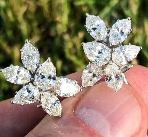 Cluster 1.5Ct Pear Cut Lab Grown/CVD Diamond Women's Stud Earring 14K White Gold - Picture 8 of 18
