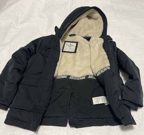 Abercrombie Kids Black Faux Fur Lined Parka Jacket Hoodie Size 7/8 Logo Exc Con - Picture 4 of 7