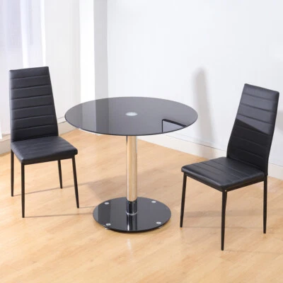 Tempered Glass Round Dining Table and 2/4 Chairs Set Faux Leather Chrome Legs UK