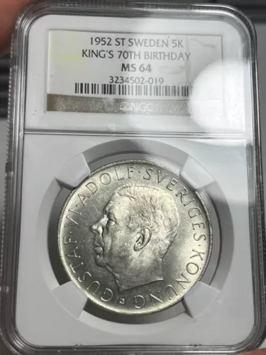 1952 Sweden 5 Kronor NGC MS64 70th Birthday