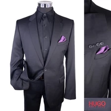 Hugo Boss Men 2 Button Blazer 44L Super 130 Wool Solid Black Coat Jacket Blazer