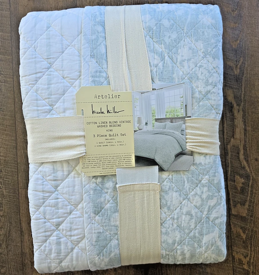 Nicole Miller Cotton Linen Vintage Washed King Quilt & Shams Seaglass AQUA Blue - Image 2 of 4