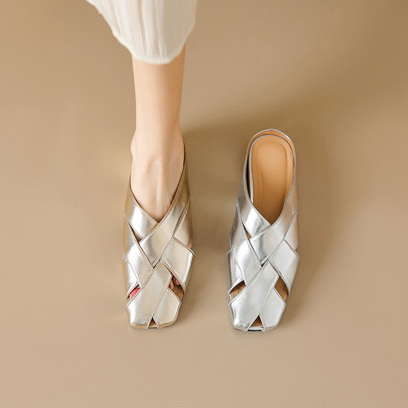 PANTOFOLA D’ORO Sandali donna pelle francese retrò punta intrecciata punta quadrata tacco inclinato