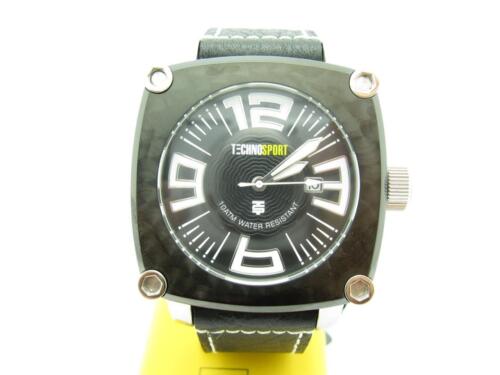 TECHNO SPORT CHRONOGRAPH BLACK ION STAINLESS STEEL BLACK LEATHER STRAP WATCH NWT - Picture 1 of 1