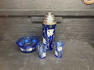 Vintage Hazel Atlas Cobalt Blue Fish Fish Cocktail Shaker, Bowl, & 2 Glasses USA