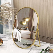 Vanity Desk Table Mirror Oval Makeup Mirror 90°Adjustable Rotation Golden Met...
