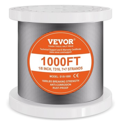 7x7 T316 Stainless Steel Aircraft Cable 1/8in 1000ft 1600lb Strength