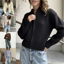 Women's Summer Cropped Knit Sweater Vertical Striped Zippered Pullover