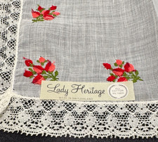 Vintage NOS Handkerchief Hankie White Floral Embroidered Red Roses Lady Heritage