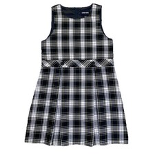 Lands' End Girls 14 School Uniform Top of Knee Jumper Dress White Green Plaid