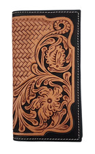 Western Rodeo Wallet Tooled Leather Basketweave Floral Black Trim 7"