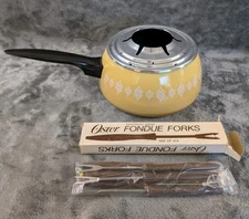 Vintage Oster Stainless Steel Fondue Pot Set Yellow Enamel with 6 Forks &...