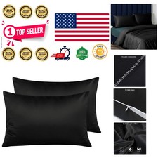 Silky Soft Queen Satin Pillow Cases with Hidden Zipper - Set of 2 in Black