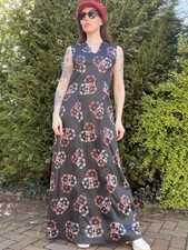 Vintage 1960s Maxi Dress Black Floral long Hippie Festival Dress Size 12 to 14