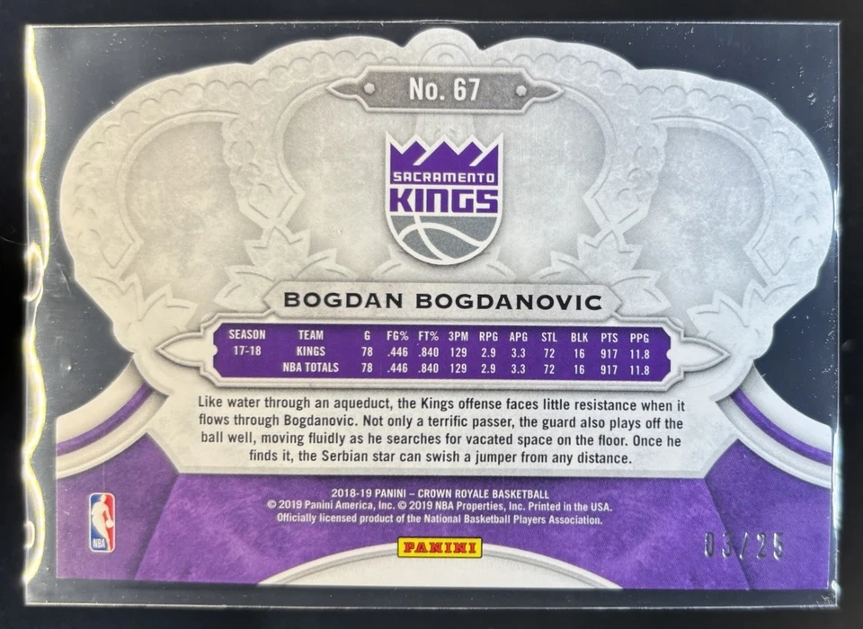 2018-19 Crown Royale Bogdan Bogdanovic Crystal Purple /25 #67 Sacramento Kings - Image 2 of 4