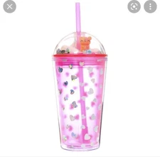 Claire’s teddy bear snowglobe pink heart shaker glitter tumbler cup straw 
