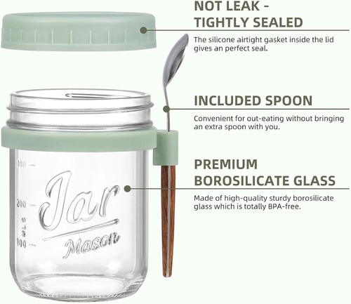 6 Pack Overnight Oats Containers & Lid &Spoons 16 oz Glass Mason Airtight Large - Picture 3 of 6