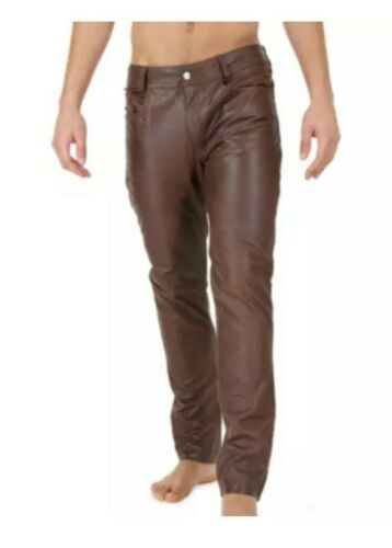 Pantalon homme en cuir véritable style jean 5 poches moto marron neuf - Photo 1 sur 3