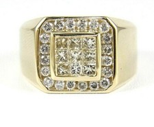Natural Round Diamond Cluster Invisible Square Men's Ring 14k Yellow Gold 1.60Ct