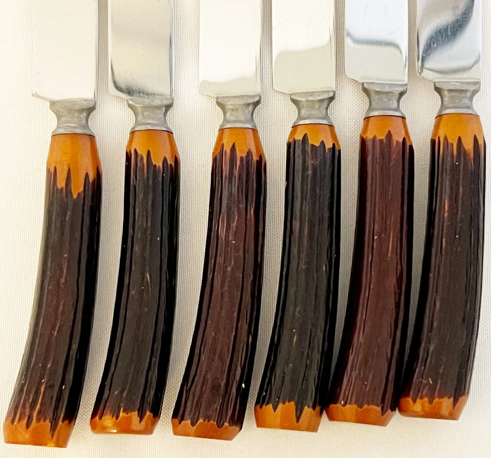 Vintage Burns Faux Wood Antler Handle Stainless Steel Serrated Knives, Set of 6