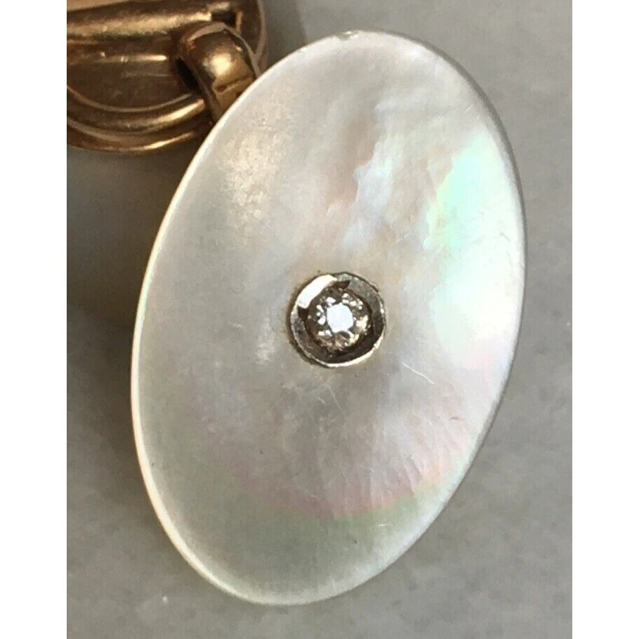 ANTIGUO GEMELOS DE ORO AMARILLO MADREPERLA Y DIAMANTE CIELO Foto 2 de 4