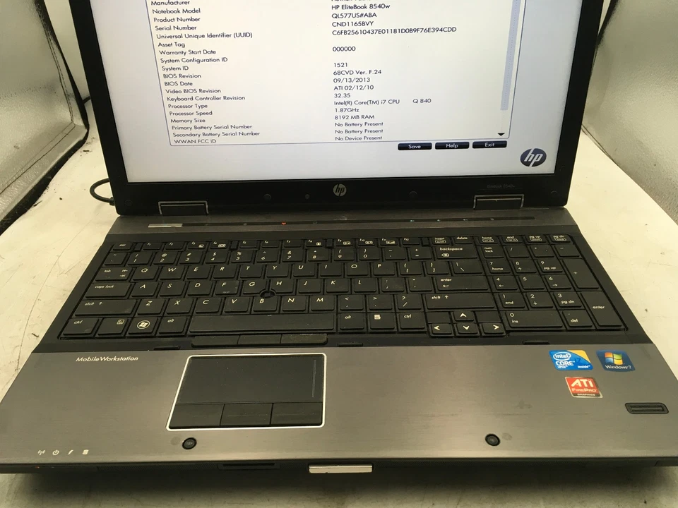 HP PROBOOK 8540W - BOOTS TO BIOS - INTEL I7 Q840 - 8GB RAM - READ DESCRIP - BB - Image 3 of 4