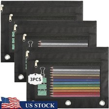 3 Ring Zipper Pencil Pouch W/ Mesh Window School Office Travel Storage New