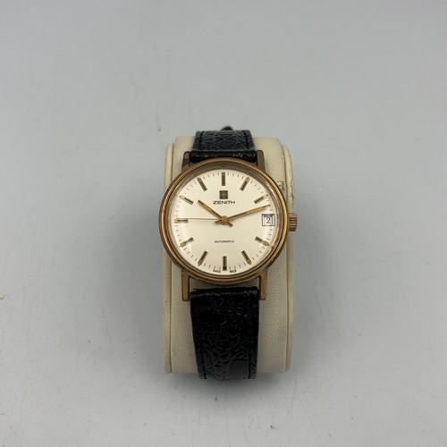Vintage Zenith Automatic Date Wristwatch Gold Tone Black Leather Strap Working