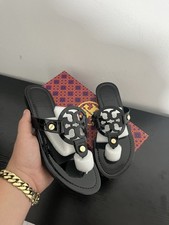 Tory Burch Women’s Black Patent Leather Thong Sandals Logo Slip-On 7.5