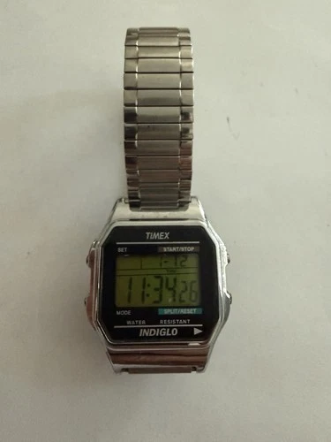 Vintage Timex Indiglo Digital Watch Silver Tone Alarm Chronograph Working Retro