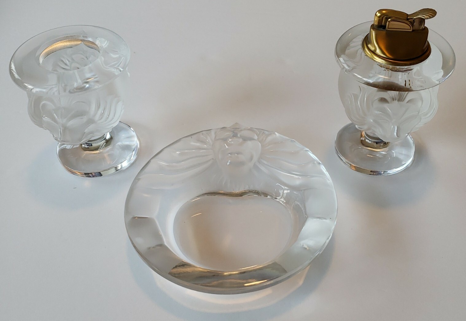 Lalique Lion Head Crystal Smoking Set - Cigar Ashtray, Lighter, Cigarette Holder
