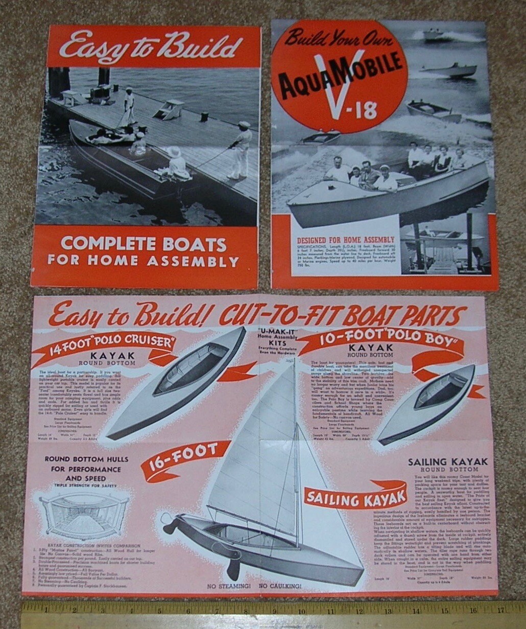 U-MAK-IT por Kayak Boat Co. Folleto de ventas de concesionario Catálogo Lote de 3 piezas década de 1940