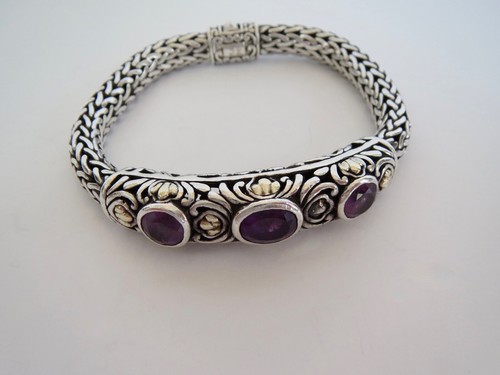 Signed BJC Behnam Jewelry Co Sterling Silver & 14KT Amethyst Cabs Woven BRACELET - Picture 3 of 13