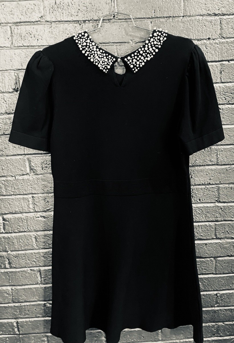 KARL LAGERFELD Black Short Sleeve Pearl Collar Embellished Dress