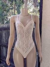 VICTORIAS SECRET VTG GOLD LABEL Union Made High Leg Lace Sheer Ivory Teddy SZ M