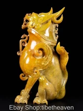 9.6" Old Chinese Hetian Jade Craving Fengshui Dragon Beast Cup Glass Sculpture