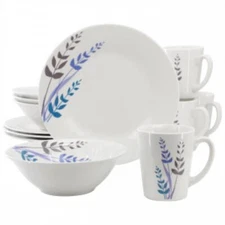 Gibson Home Blue Leaves 12 Piece Round Fine Ceramic Decorated Dinnerware Set In